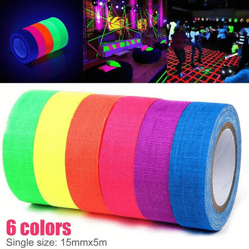 INTVN 6-Color Neon Gaffer Cloth Tape – Fluorescent, UV Black Light Reactive, Dry Erase, Glow In The Dark For Parties