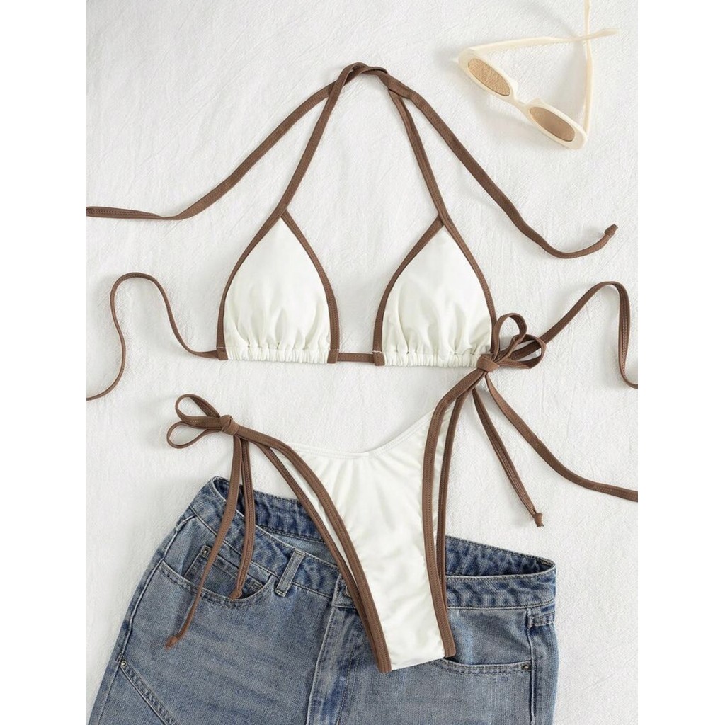 Jual Sexy Beige Contrast Bikini Set 2025 Women Halter Push Up Bra Tie ...