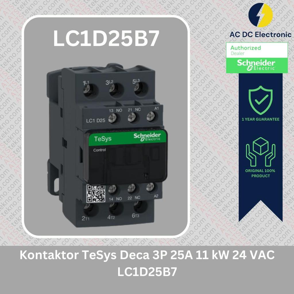 CONTACTOR MAGNÉTICO - 3POLOS - 25AMPERES - 24V - CORRIENTE ALTERNA - 1NA/1NC - TESYS - LC1D25B7