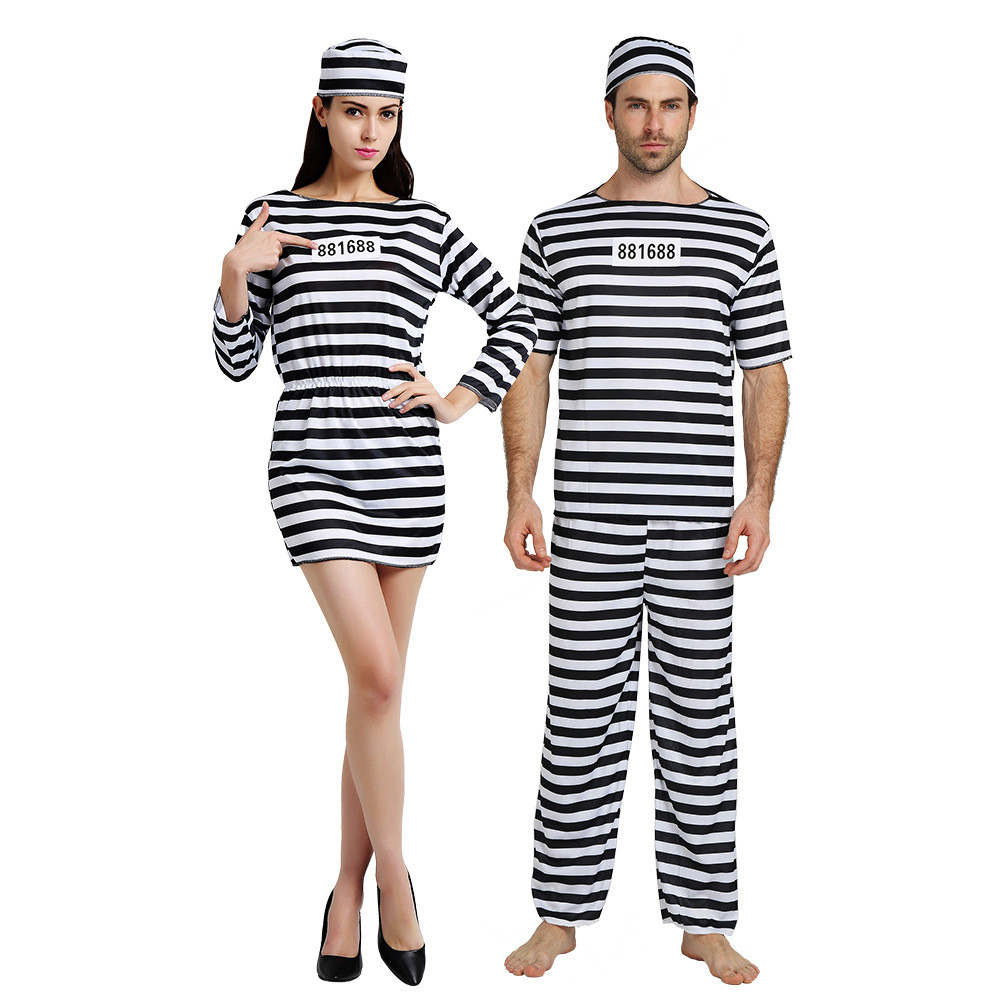 Jual Halloween Prisoner Cosplay Costume Prison Inmate Men Striped Top ...