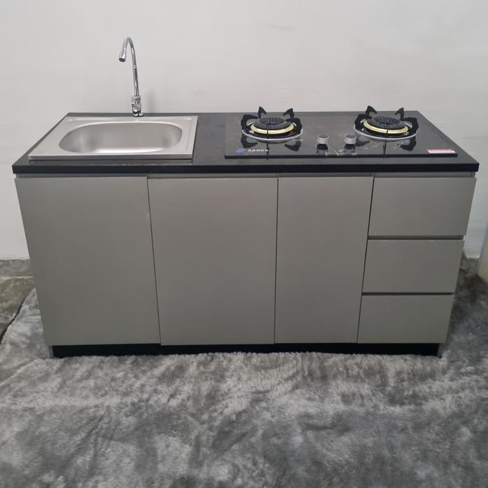 Kitchen Set + Sink + Rak Piring  / Kitchen Set Keran  (FREEONGKIR JAWA BALI) - +Rak Piring + Sink, Putih-Hitam