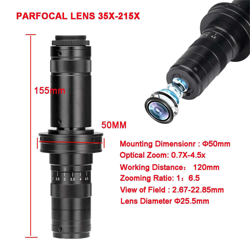 Jual Adjustable Magnification 35X-215X Microscope Lens Dia 50mm 0.7X-4 ...
