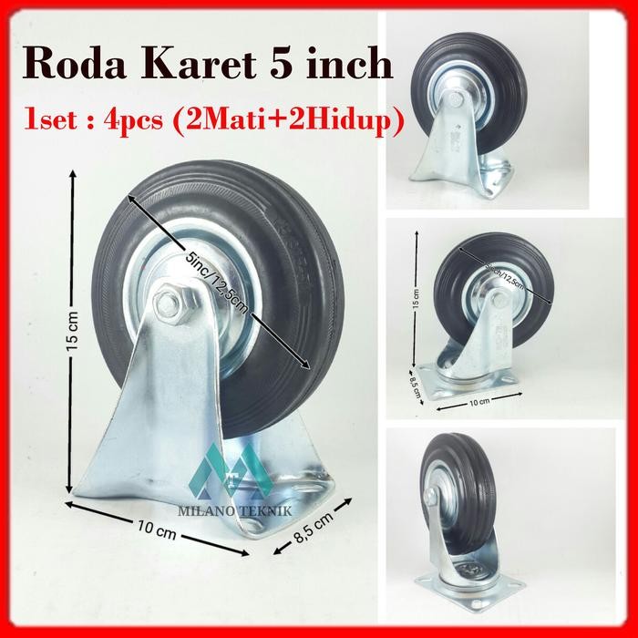 Jual Roda Troli 5 inchi 1set(2Hidup+2 Mati) Roda Karet/Etalase/Gerobak ...