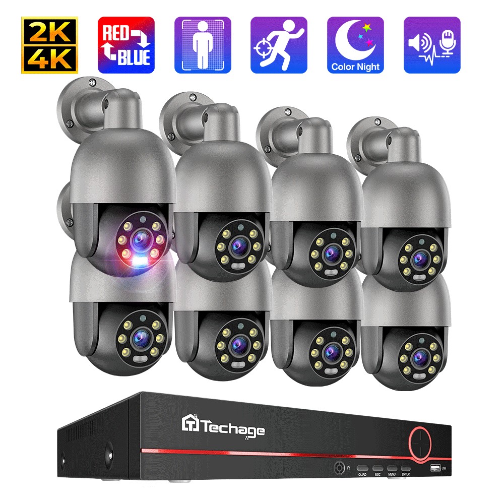 Jual Techage 8CH 4K PTZ POE CCTV Security Camera System 2K 5MP Human ...