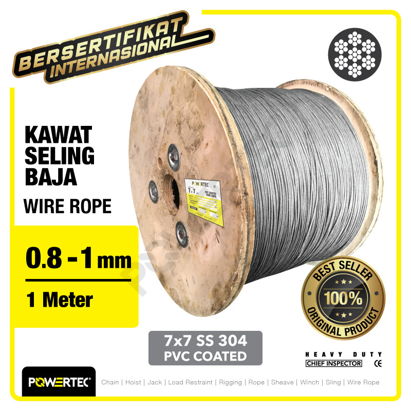 Jual POWERTEC Wire Rope / Kawat Seling Baja 7x7 PVC SS 304 0.8-1mm - 1 ...