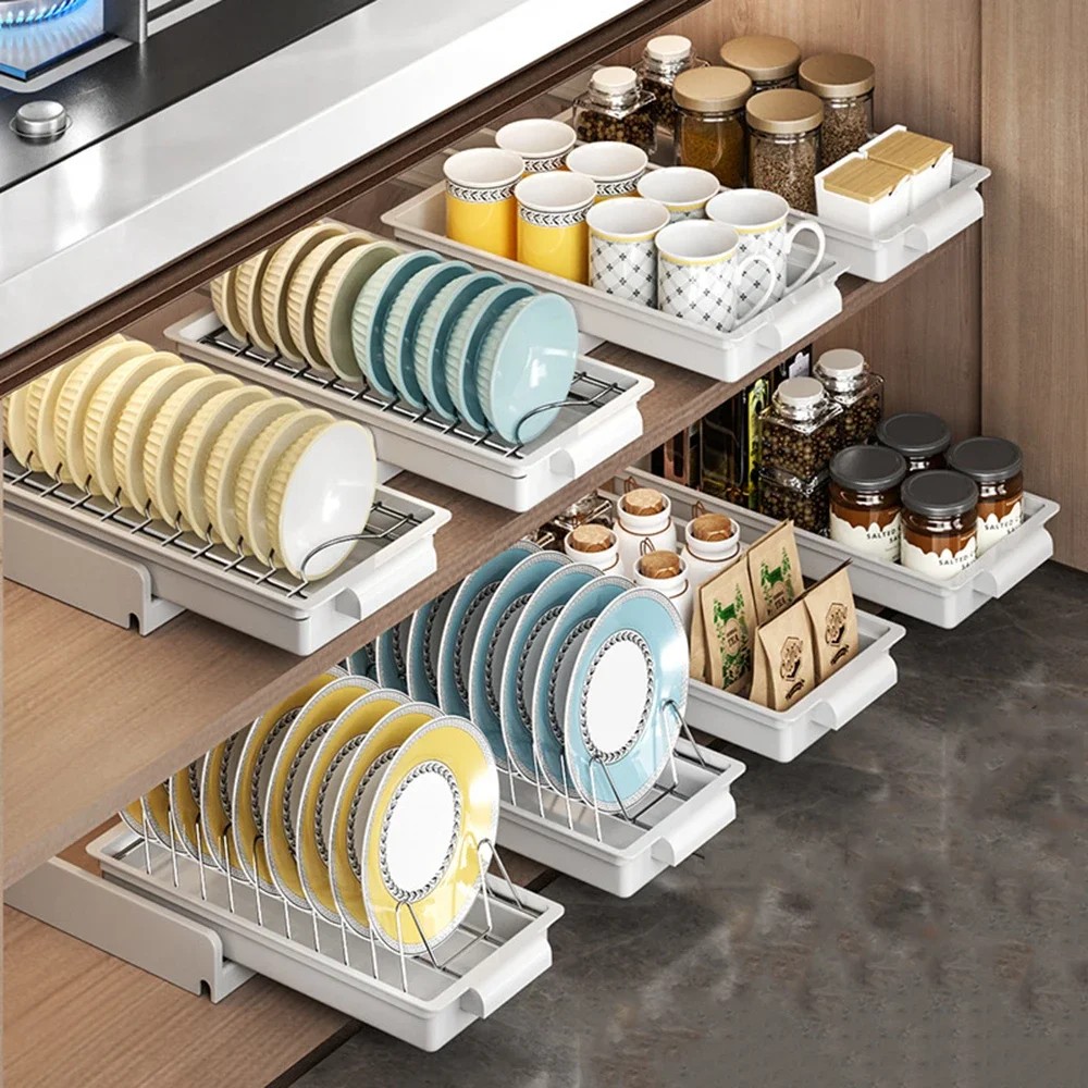 Jual Kitchen Pull Out Dish Drying Rack No Punch Sliding Bowls Dishes ...