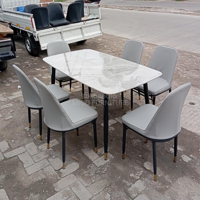 Jual Meja Makan Set Motif Marmer | Dining Set Rock Beam + 6 Kursi - Abu ...