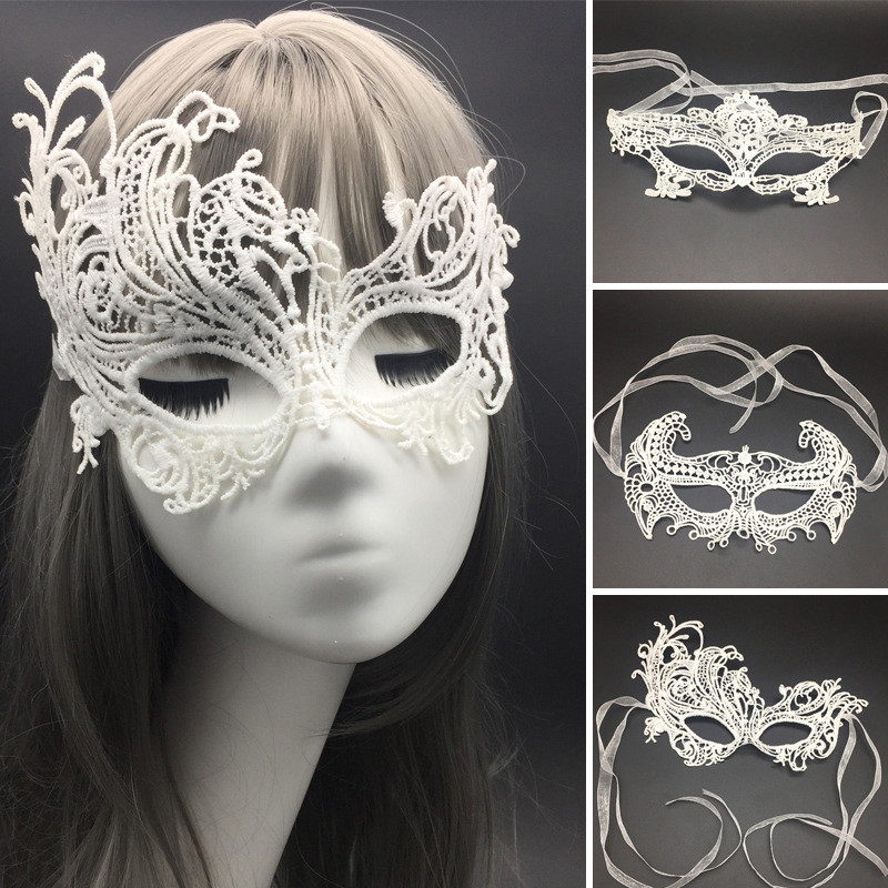 Jual Half Face White Lace Mask Women Girls Fox Eye Masks Masquerade ...