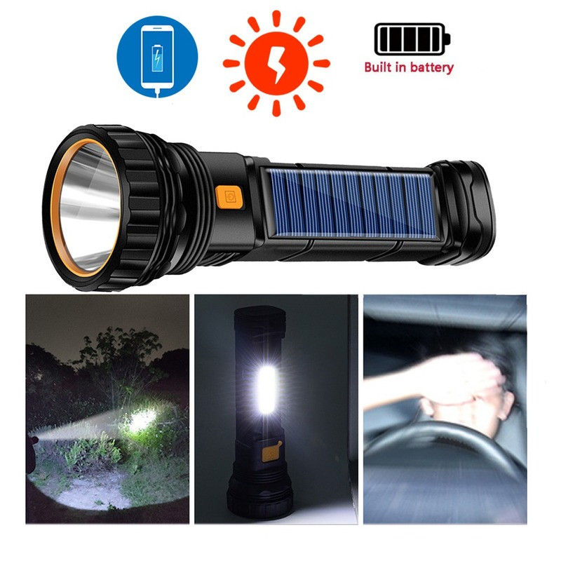 Jual USB/Solar Charging Flashlight Built-in Battery Torch with Side ...
