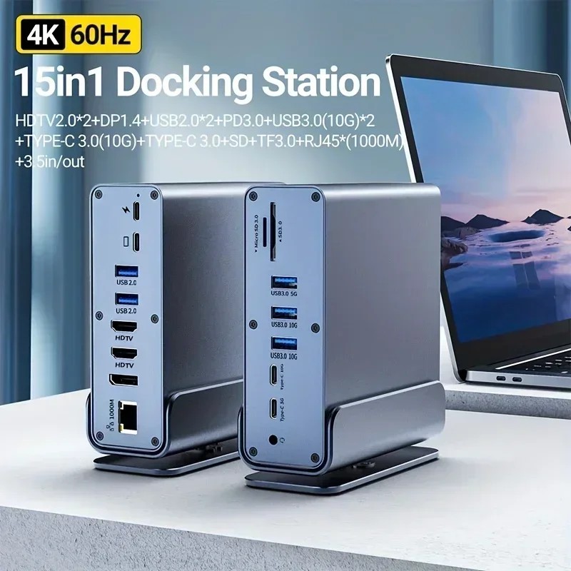 Docking Station USB-C 15 In 1 Verticale | Triplo Monitor 4K HD, RJ45 1000M, USB 3.0/2.0, PD 3.0, SD/TF, In Alluminio Per PC E Laptop