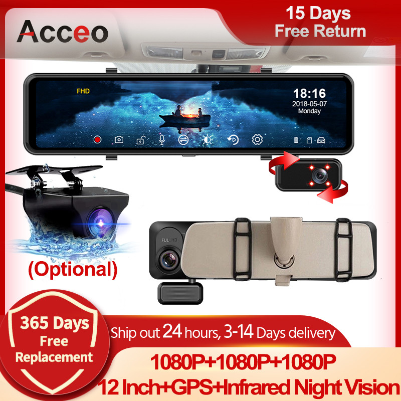 Jual ACCEO 2.5K Dash cam Mirror CAR DVR 12'' 3 Channel Car Video ...