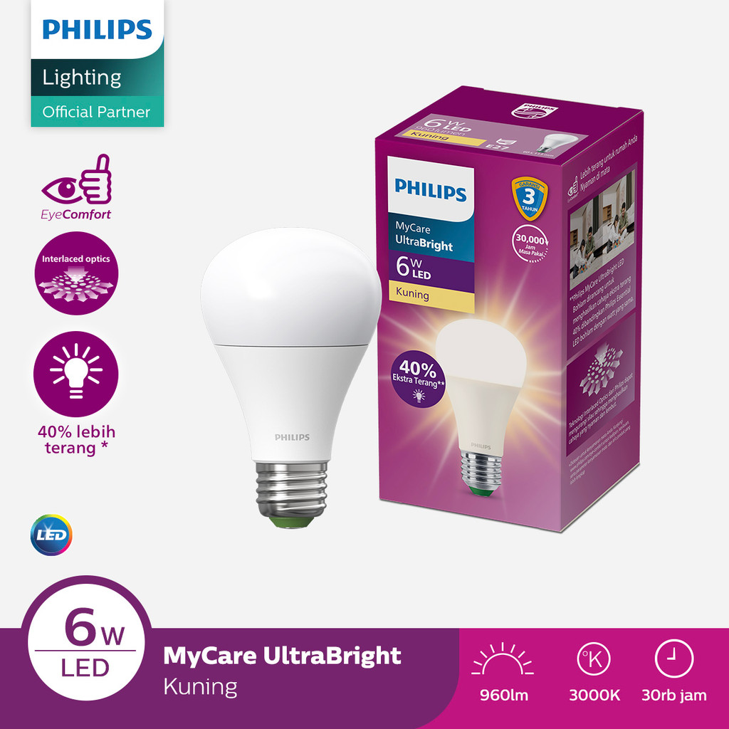Jual Lampu Philips Bohlam LED MyCare Ultra Bright 6W E27 3000K Kuning ...