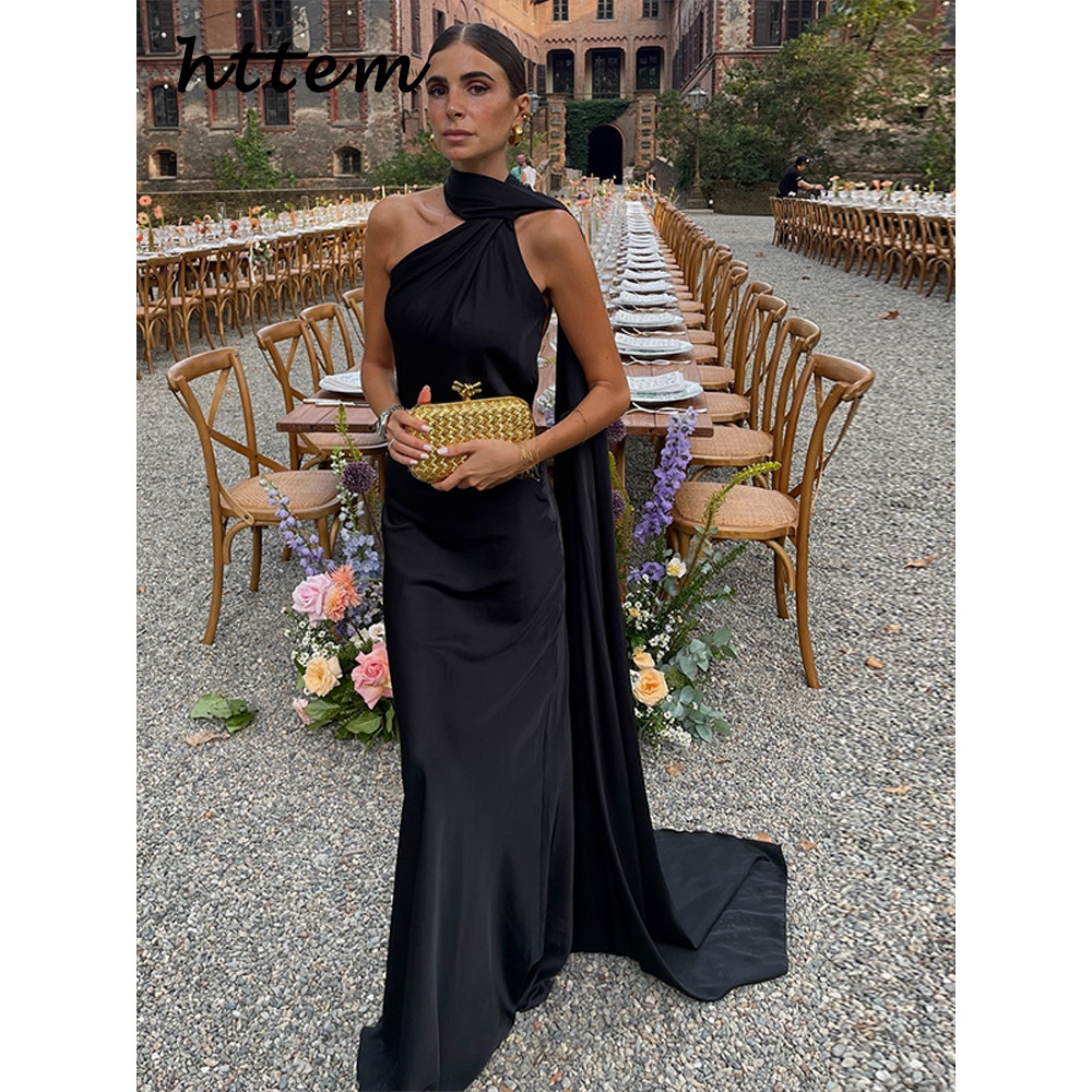 Jual Elegant Ribbon Satin Long Party Dress Women Solid Sleeveless ...