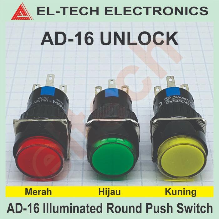 Jual 16mm AD-16 Unlock Round Push Switch Saklar Tekan Bulat Bercahaya ...