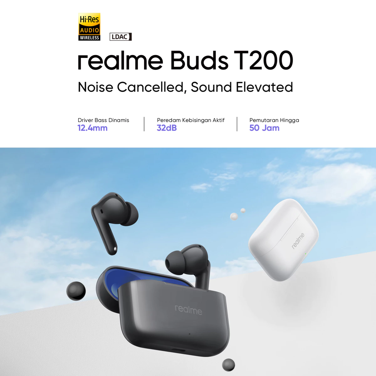 realme T200 (Bass Driver Dinamis 12.4mm | Peredam kebisingan 32dB | Pemutaran hingga 50 jam)