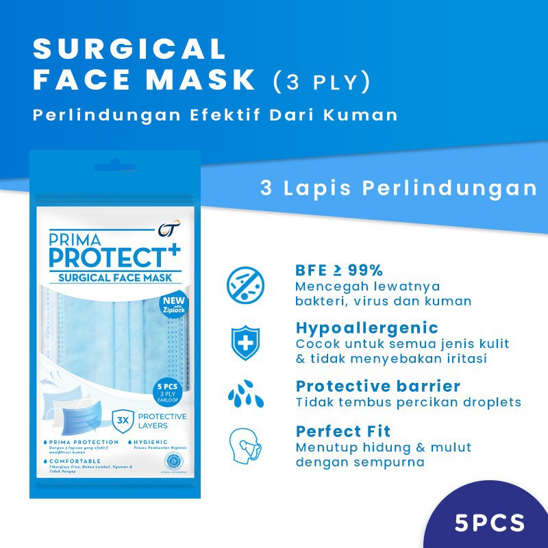 Jual PRIMA PROTECT+ Surgical Face Mask (1 pack isi 5 pcs) - 3ply - Biru ...