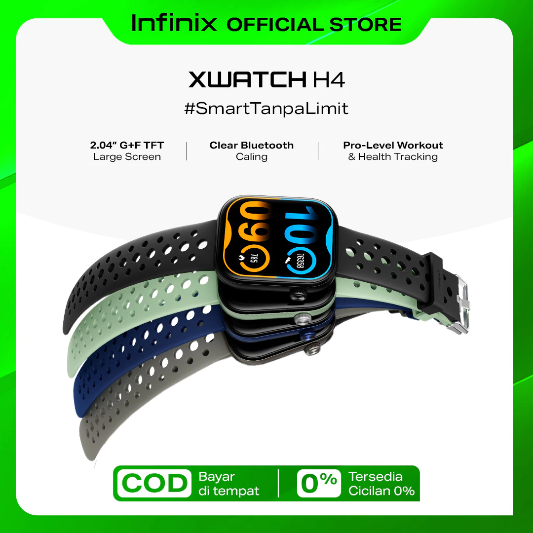 Smartwatch Infinix XWATCH H4 dengan layar lebar 2.04 inci dan crown encoder navigasi di pergelangan tangan