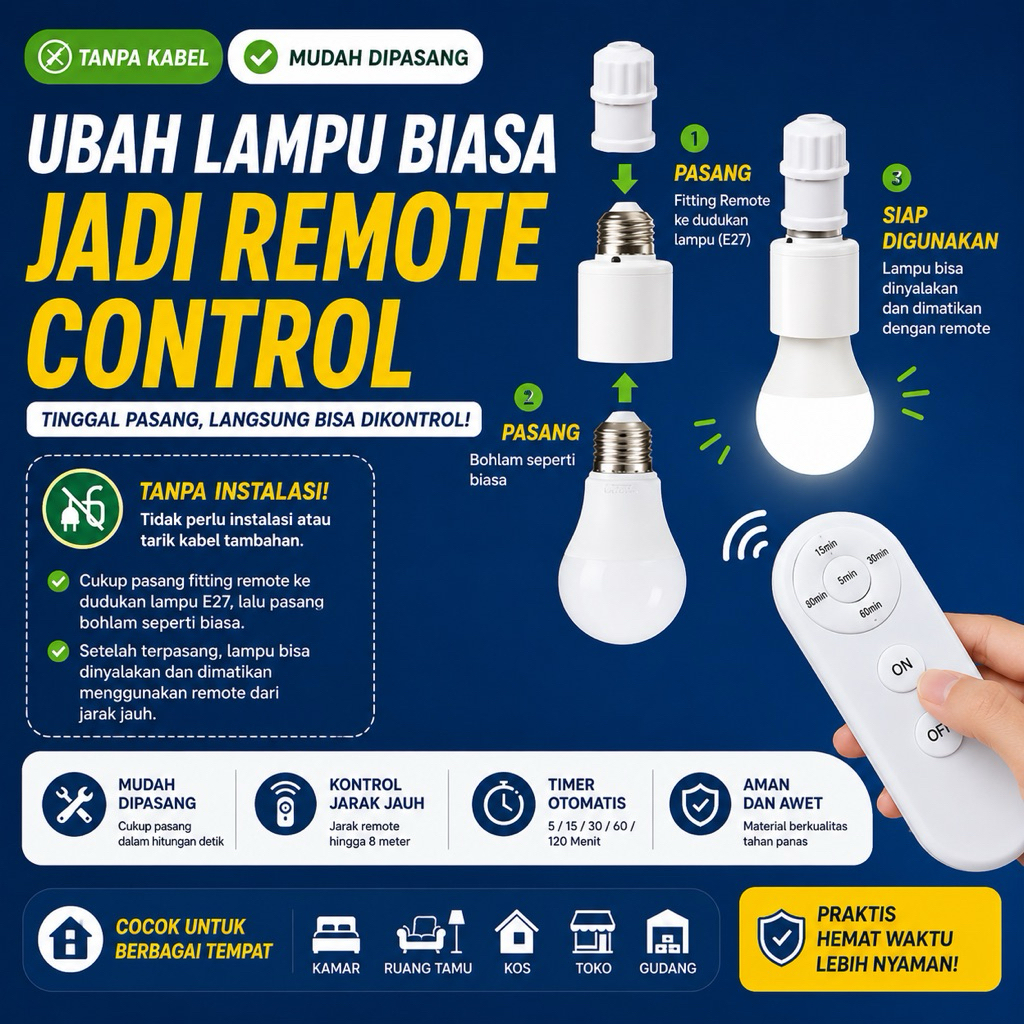 Jual Fitting Lampu Bohlam 40W E27 Dengan Remote Kontrol Jarak Jauh 8M ...