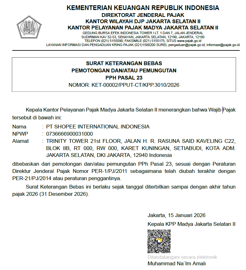 Surat Keterangan Bebas PPh 23