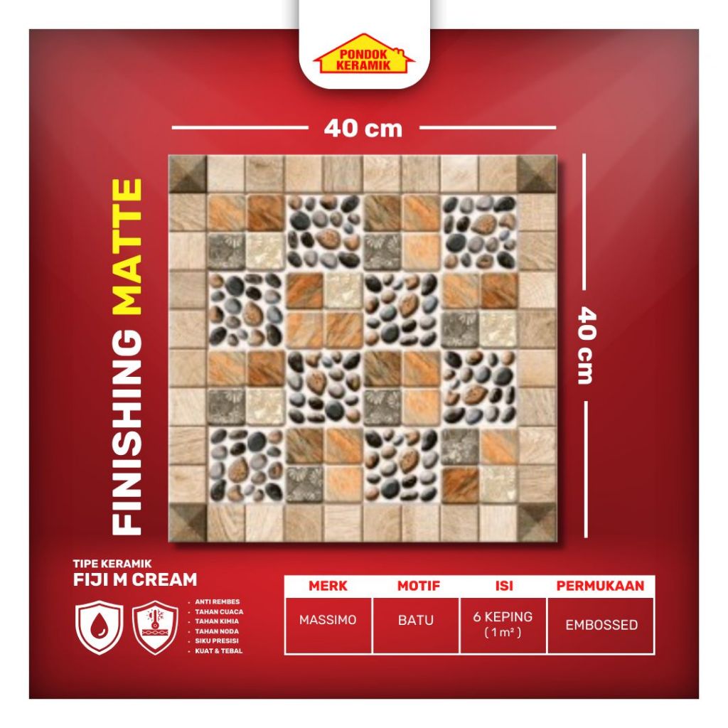 Keramik Lantai Ukuran 40x40 Fiji M Cream Warna Kream Motif Bebatuan Matte Kasar