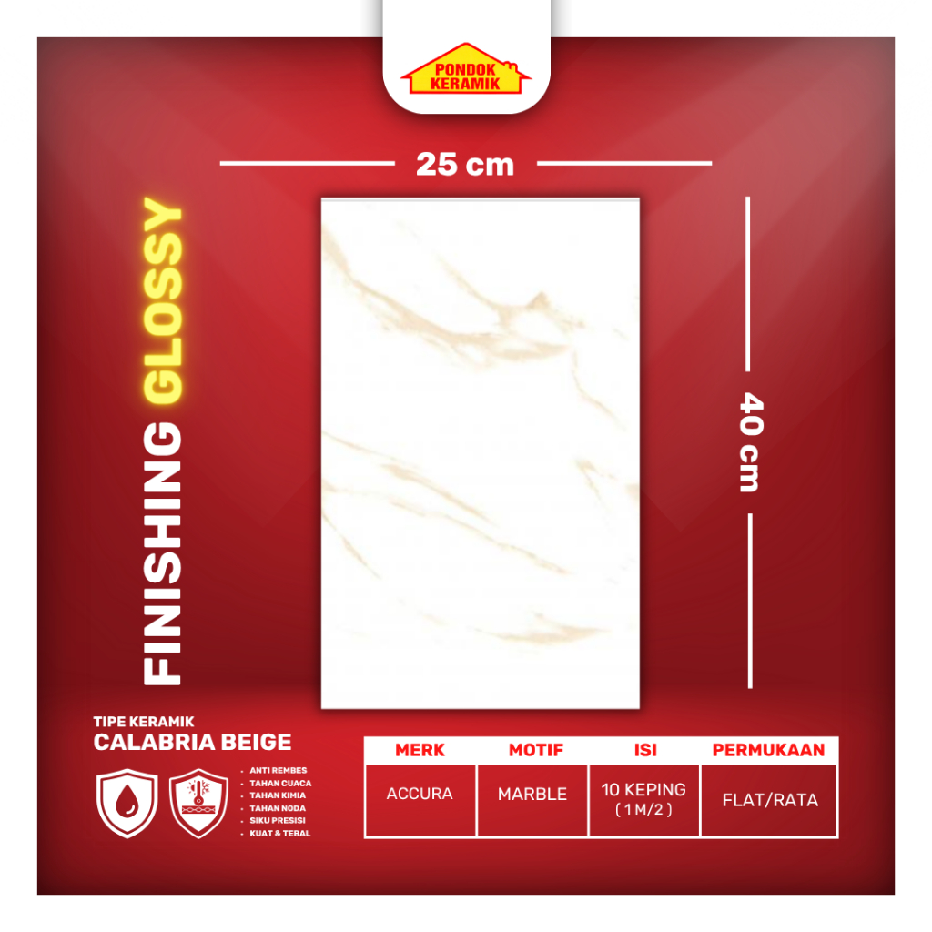 Keramik Dinding Accura 25x40 Calabria Beige Glossy Flat Rata Warna Beige Motif Marble Carara