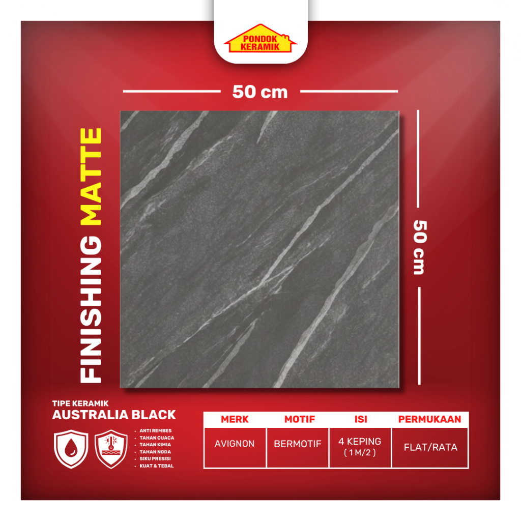 Keramik Lantai Matt 50x50 Australia Black Motif Granit Marble Warna Hitam Matt Kasar