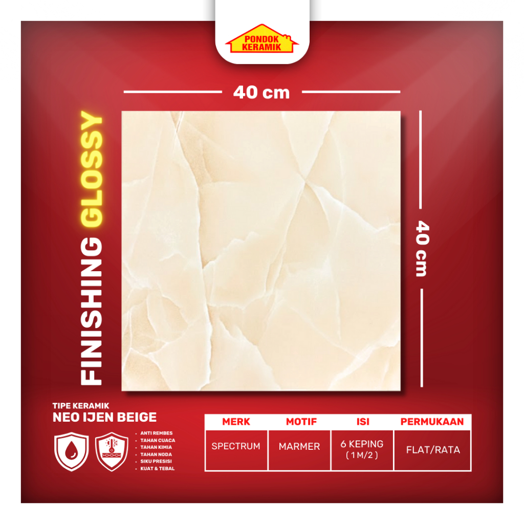Keramik Lantai Spectrum 40x40 Ijen Beige Glossy Warna Cream Motif Marble
