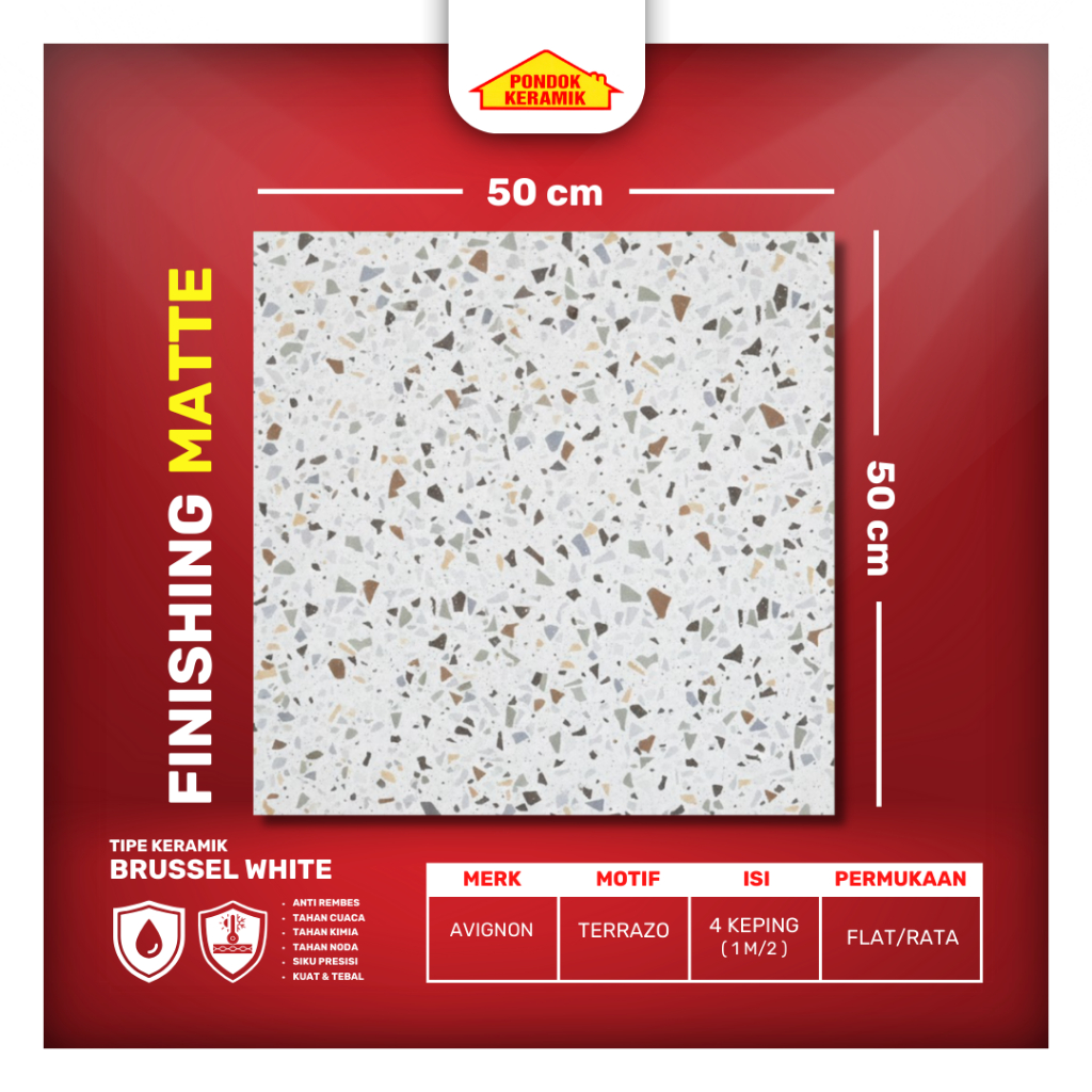 Keramik Lantai Matt 50x50 Brussel White Matt Kasar Warna Putih Motif Terazzo