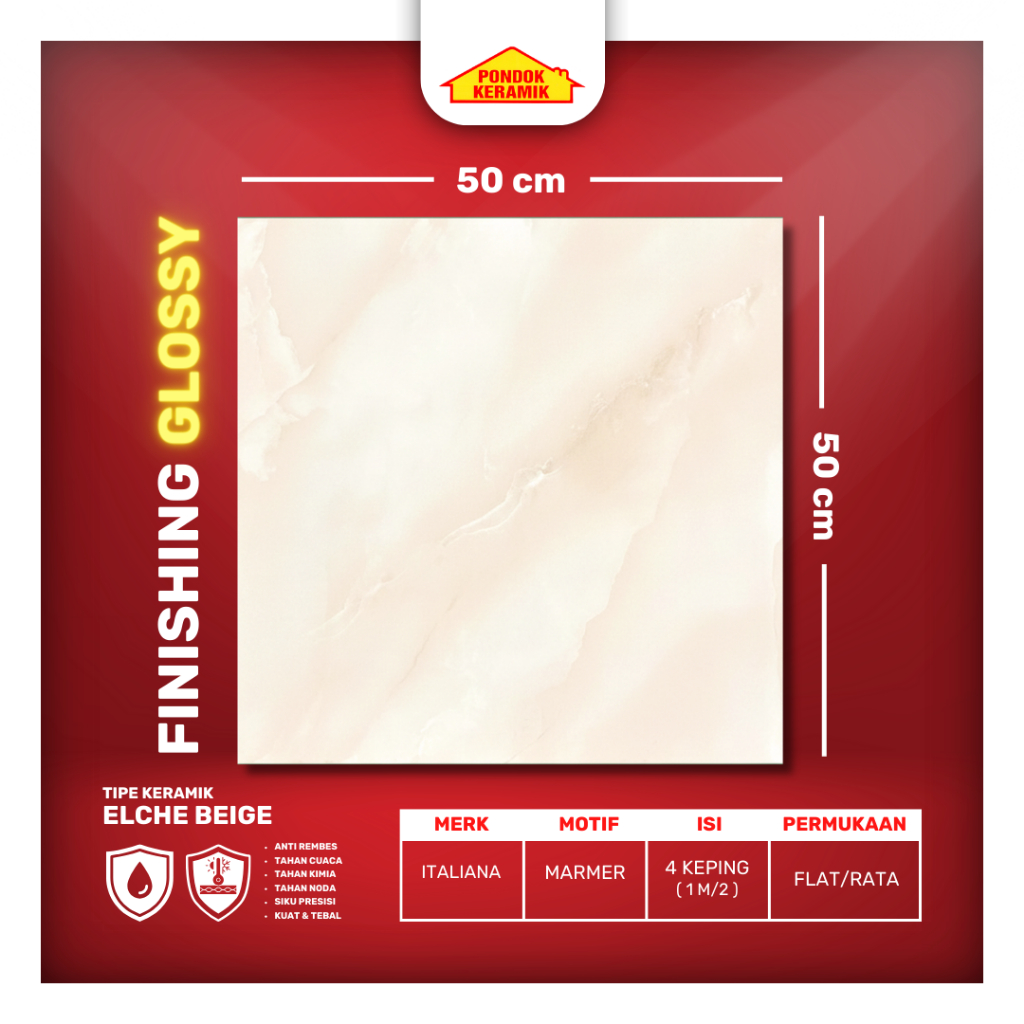 Keramik Lantai Kilap 50x50 Elche Beige Glossy Warna Cream Motif Marble