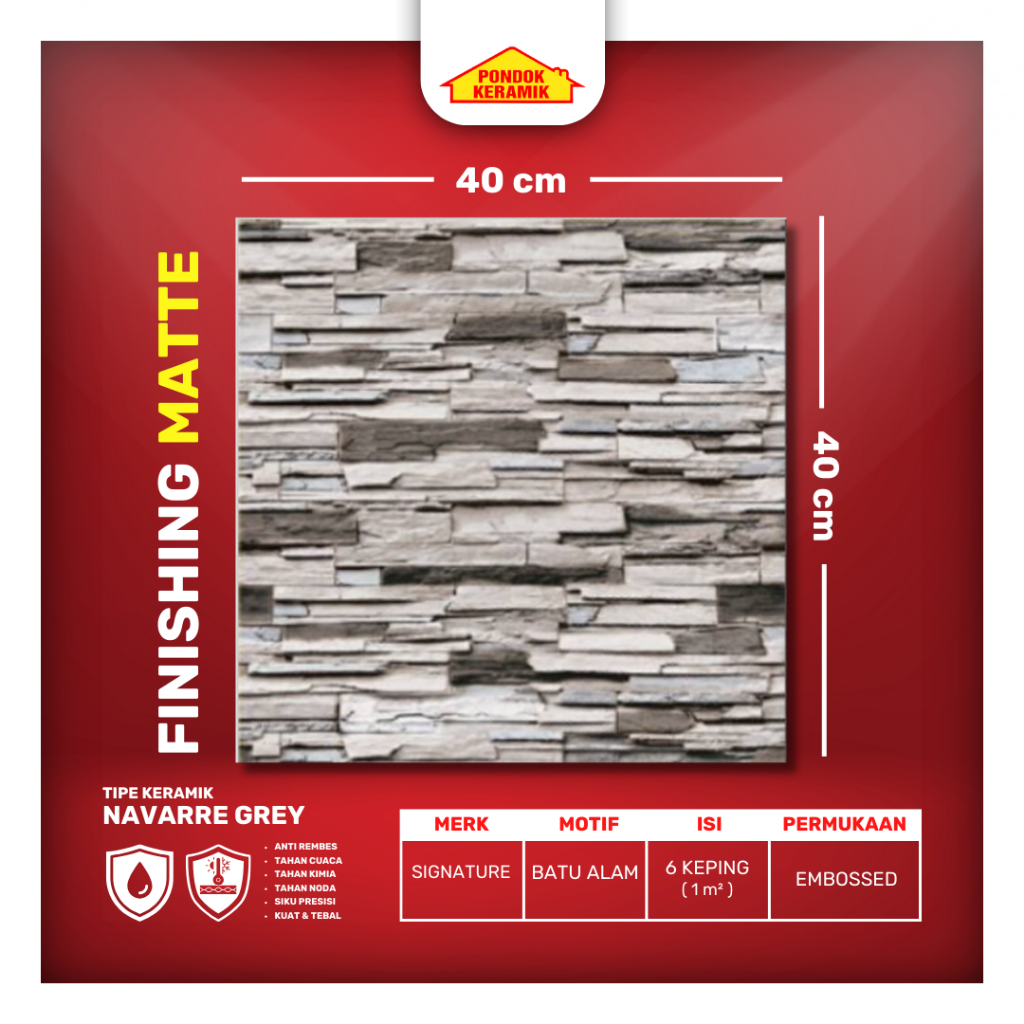Keramik Lantai Teras Signature 40x40 Navara Grey Warna Coklat Abu Motif Batu Alam