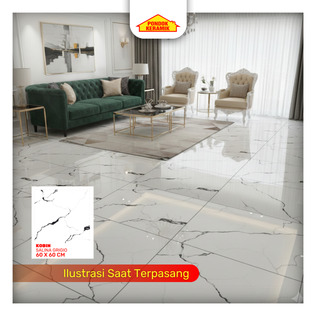 Granit Lantai Ukuran 60x60 Kobin Salina Grigio Motif Murble Glossy