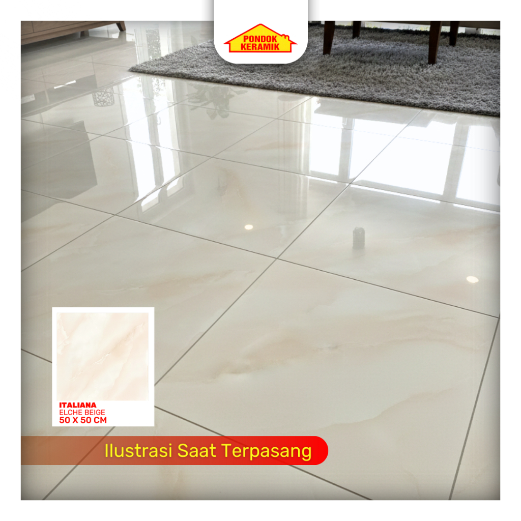 Keramik Lantai Kilap 50x50 Elche Beige Glossy Warna Cream Motif Marble