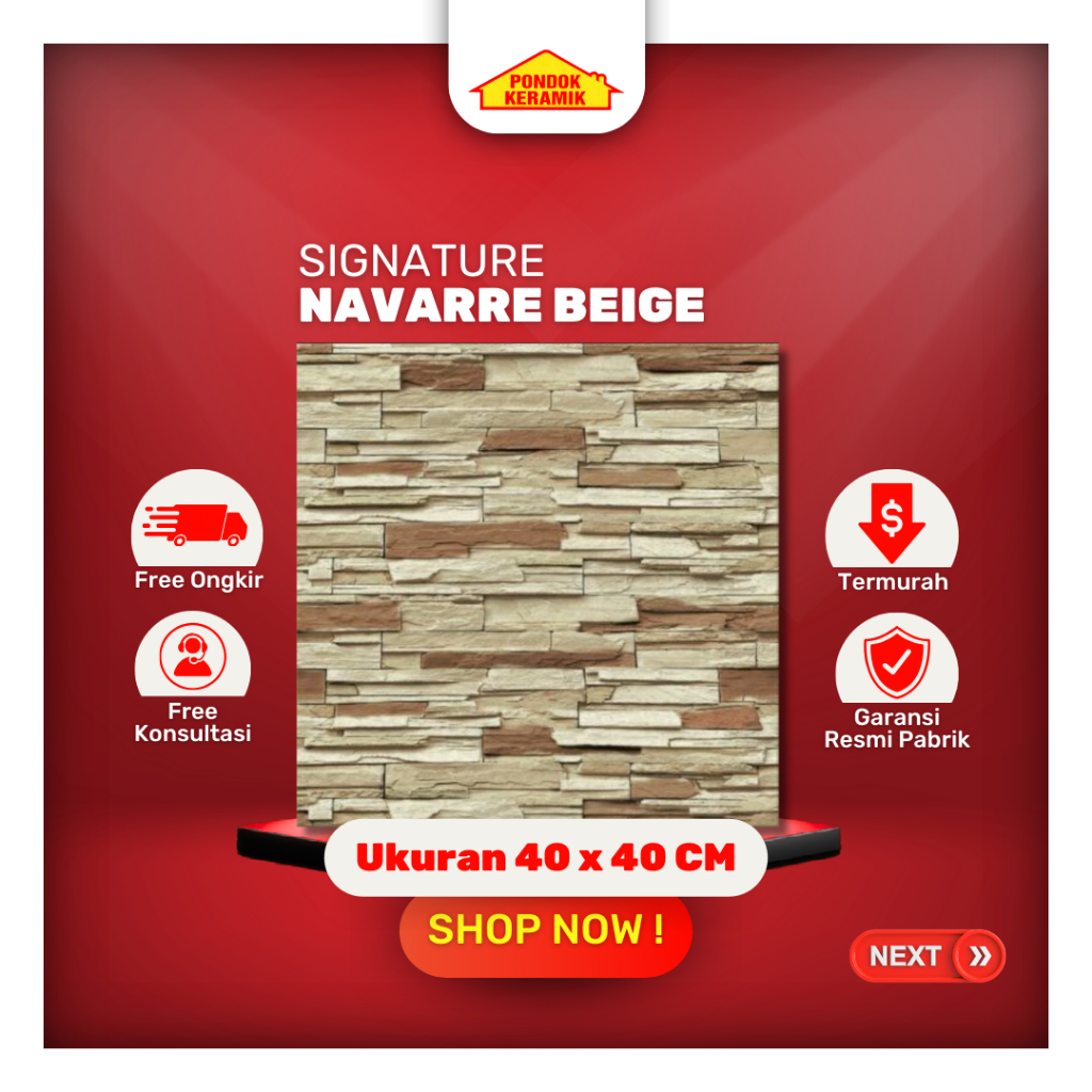 Keramik Lantai Teras Signature 40x40 Navara Beige Warna Coklat Cream Motif Batu Alam