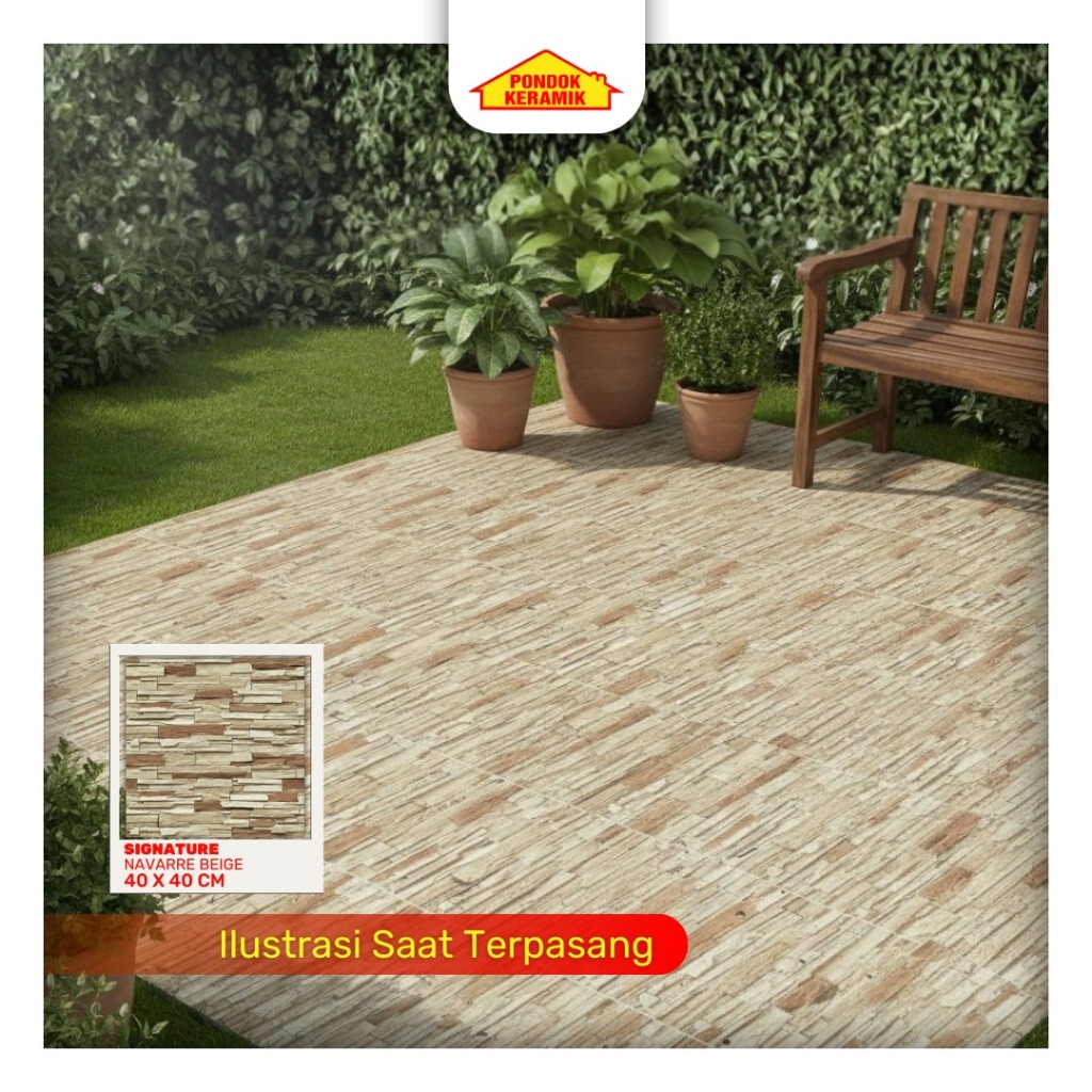 Keramik Lantai Teras Signature 40x40 Navara Beige Warna Coklat Cream Motif Batu Alam