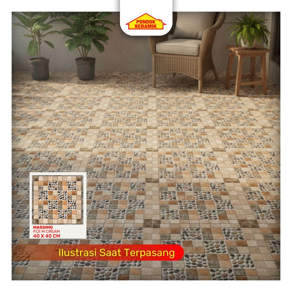 Keramik Lantai Ukuran 40x40 Fiji M Cream Warna Kream Motif Bebatuan Matte Kasar