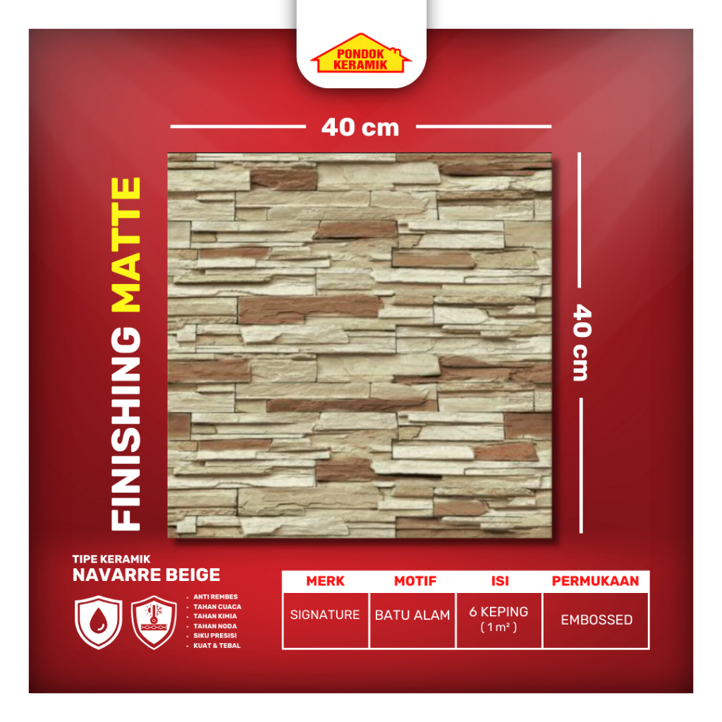 Keramik Lantai Teras Signature 40x40 Navara Beige Warna Coklat Cream Motif Batu Alam