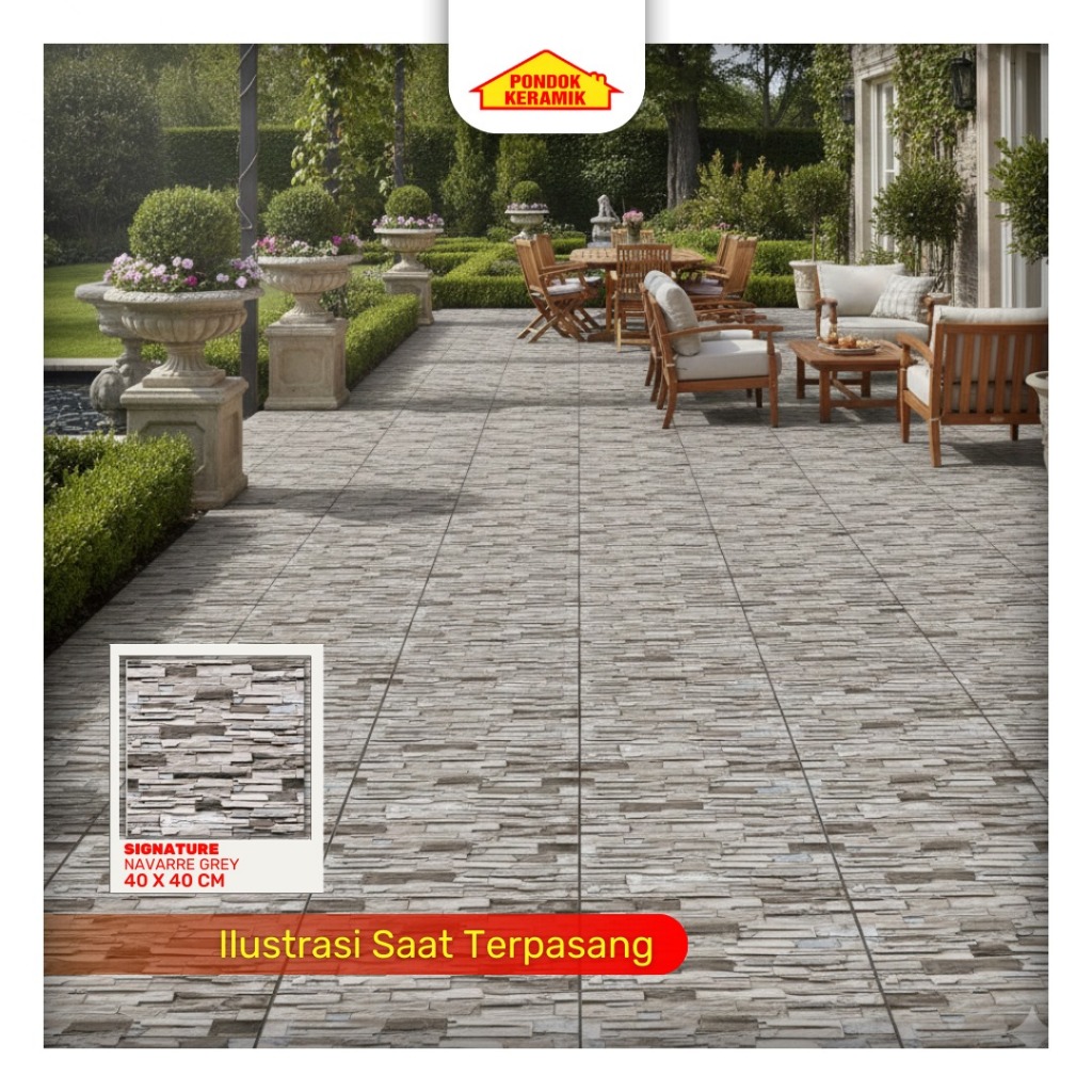 Keramik Lantai Teras Signature 40x40 Navara Grey Warna Coklat Abu Motif Batu Alam