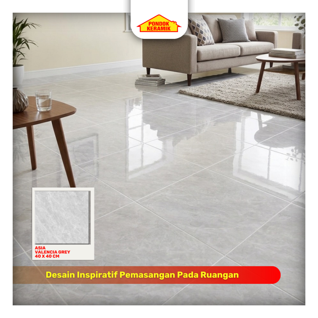 Keramik Lantai Asia 40x40 Valencia Grey Glossy Motif Marble Abu  Kilap
