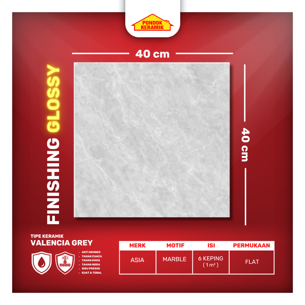 Keramik Lantai Asia 40x40 Valencia Grey Glossy Motif Marble Abu  Kilap