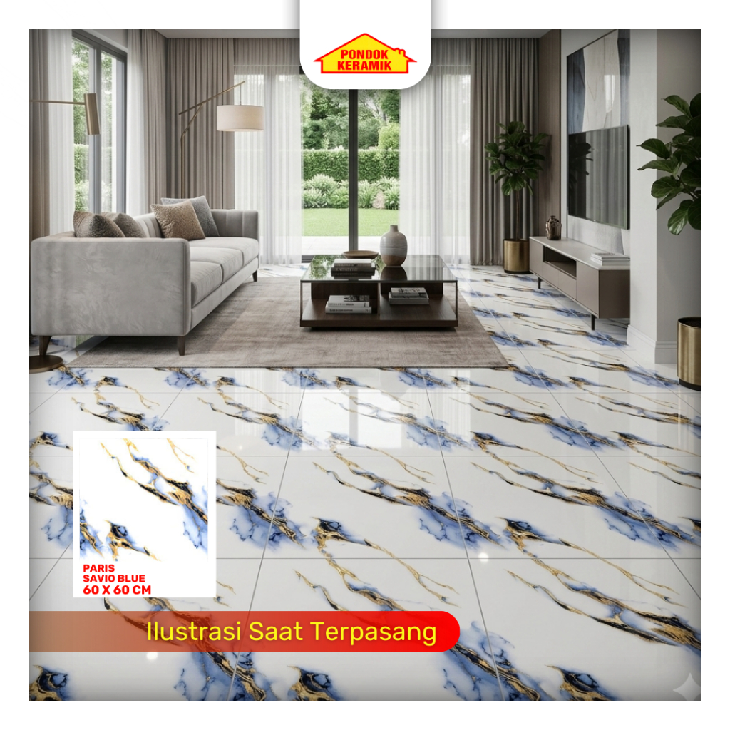 Granit Lantai Paris Ukuran 60x60 Savio Blue Motif Marble Glossy Kilap Emas Biru