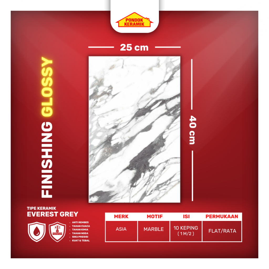 Keramik Dinding Asia 25x40 Everest Grey Glossy Marble Marmer Carara Kilap Putih Abu