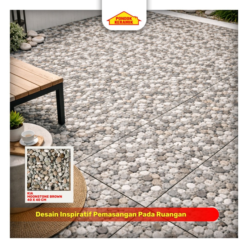 Keramik Lantai Teras KIA 40x40 Moonstone Brown Warna Coklat Cream Motif Batu Alam