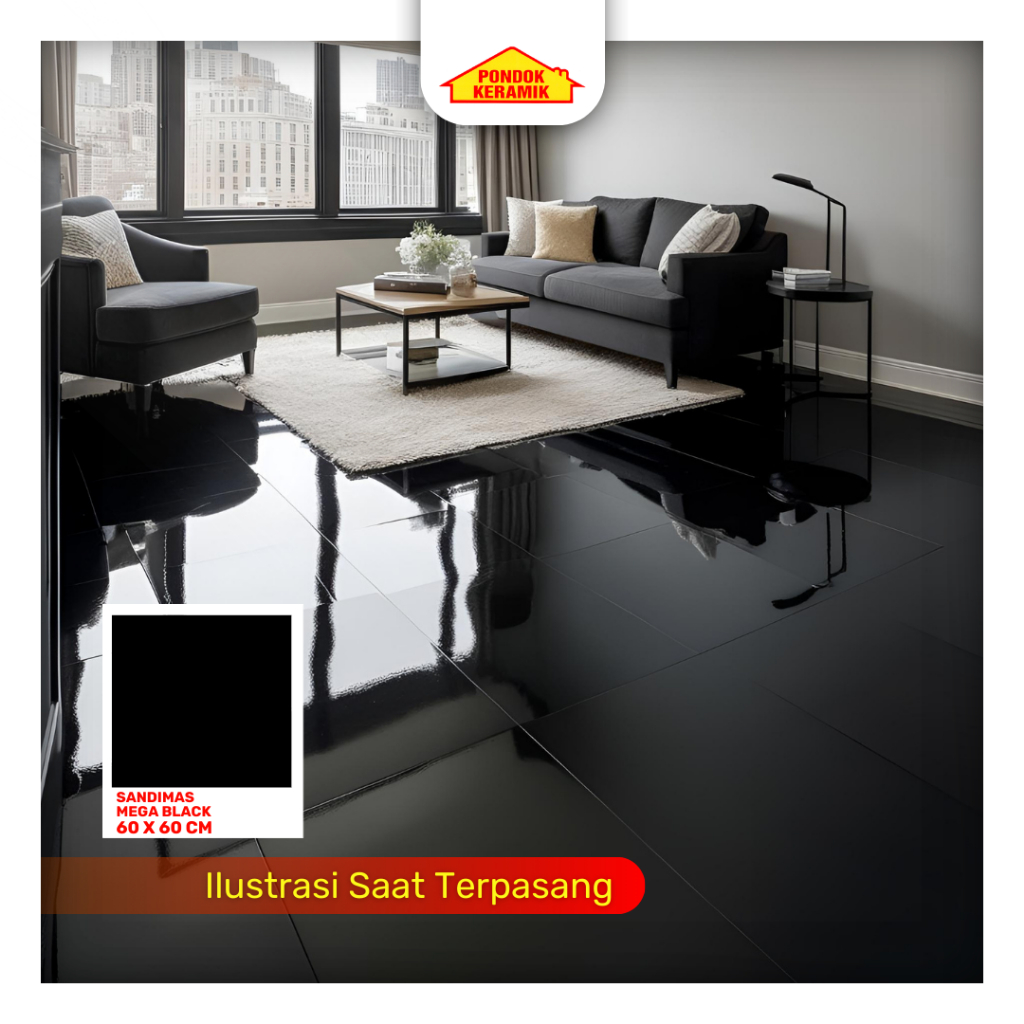 Granit Lantai Sandimas 60x60 Mega Black Hitam Polos Glossy Kilap